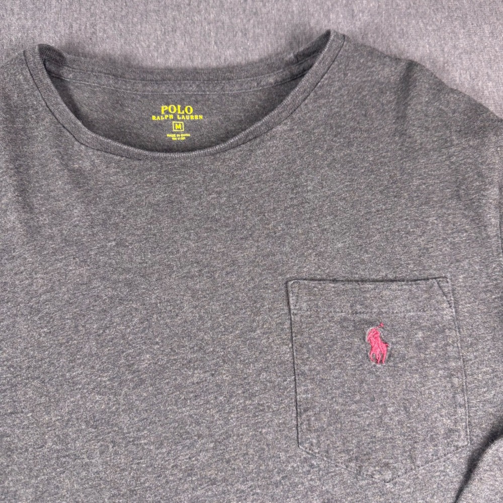 Polo Ralph Lauren Mens Long Sleeve Pocket‎ T-Shirt Gray Pink Pony Logo Medium
